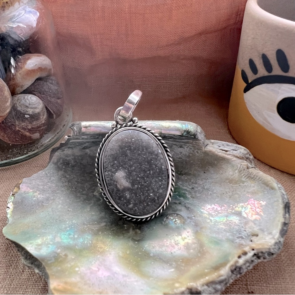 Gorgeous Druzy Grey Agate Indian Pendant - 925 Sterling Silver